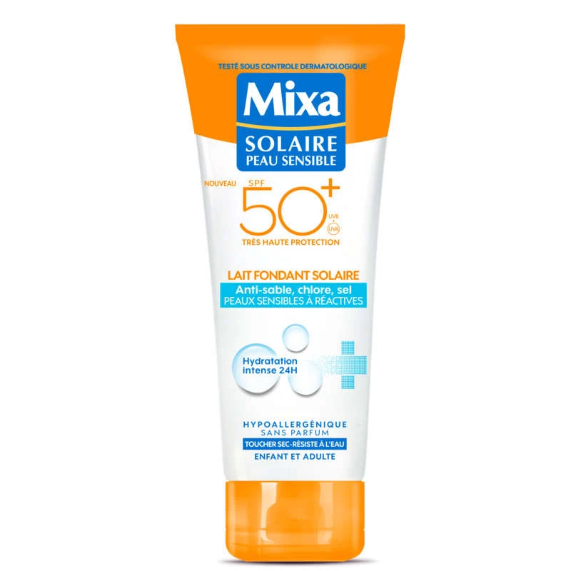 Lait fondant solaire peau sensible SPF 50+ enfant et adulte 200ml - MIXA