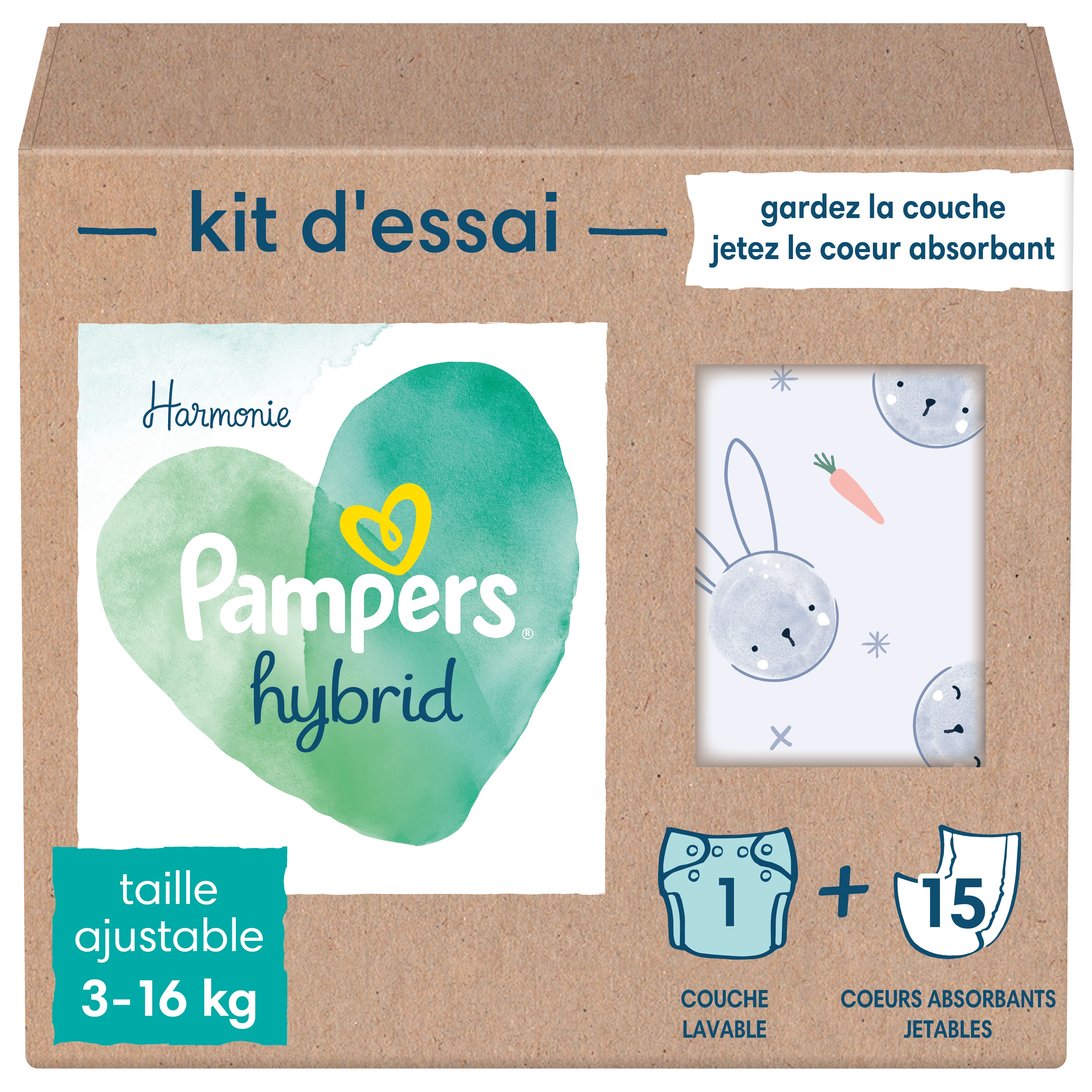 Harmony Hybride wasbare babyluiers 1x proefpakket voor baby's + 15x wegwerpluiers 1 set - PAMPERS