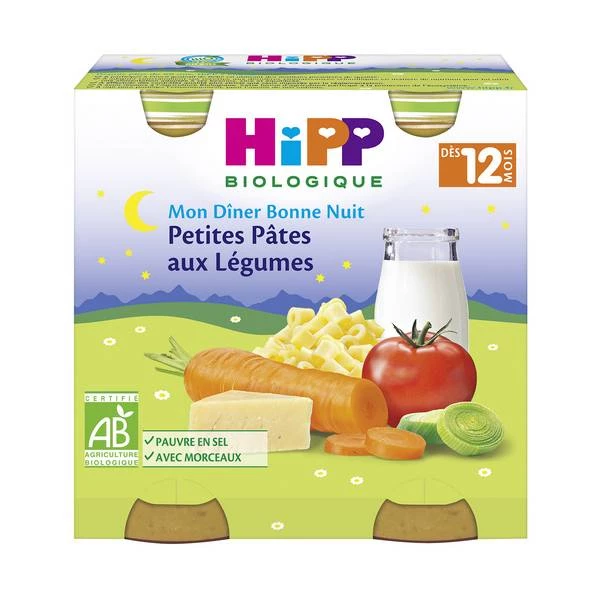 Petits pots Bio petites pâtes aux légumes dès 12 mois 2x250g - HIPP