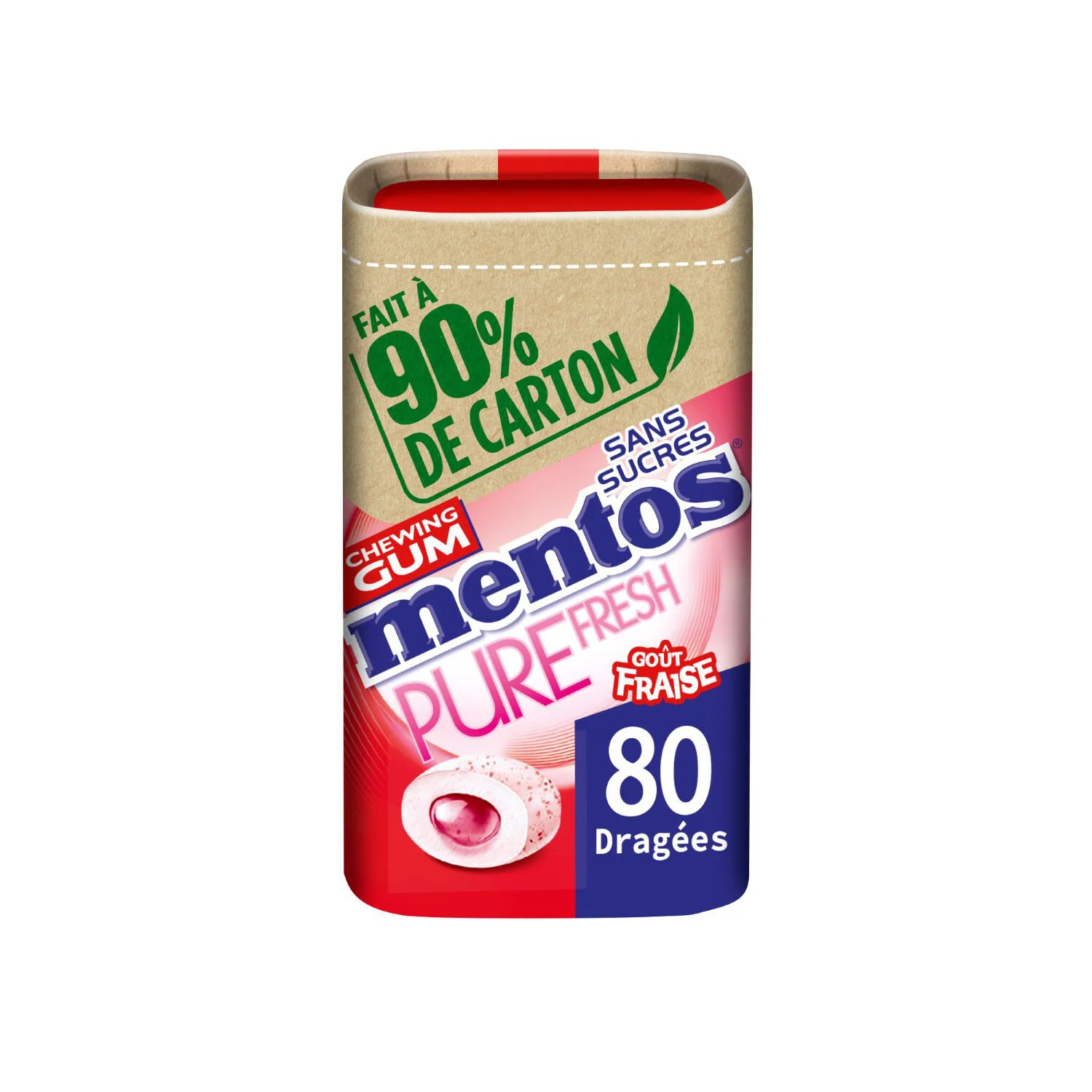 Chewing-gums Pure Fresh Fraise 80 Dragées Sans Sucres - MENTOS