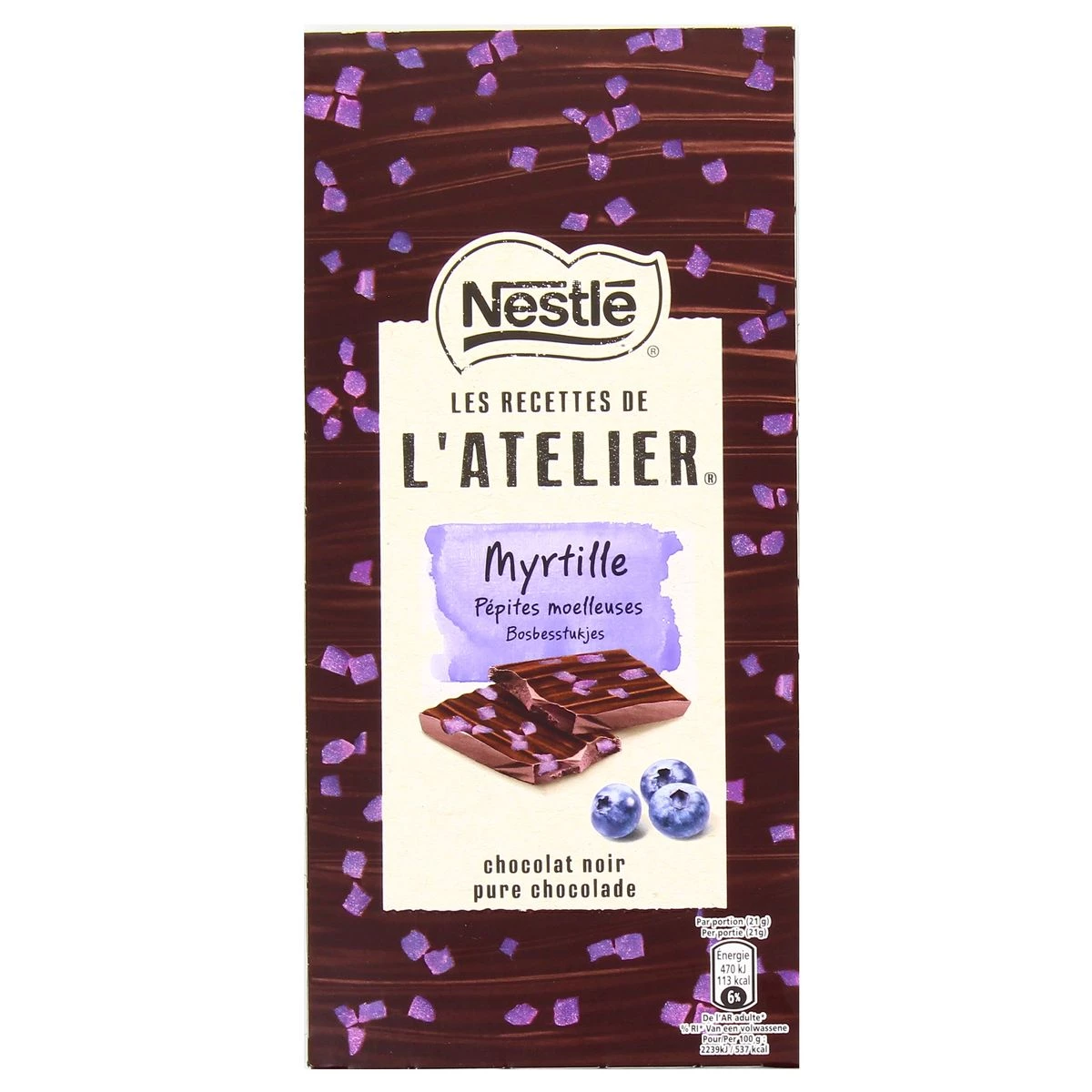 Tablette de chocolat recette de l'atelier noir myrtille 105g - NESTLÉ
