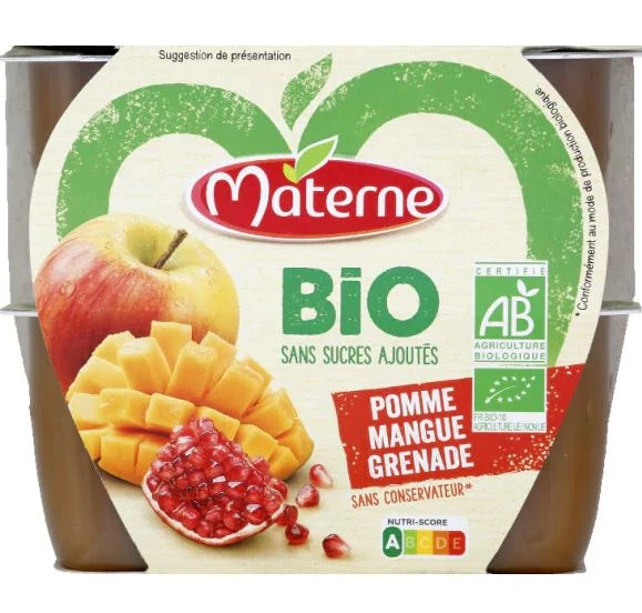Compote de pomme mangue grenade bio sans sucres ajoutés 4x100g - MATERNE