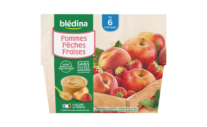 Copos de compota maçãs/pêssegos/morangos a partir dos 6 meses 4x100g - BLEDINA