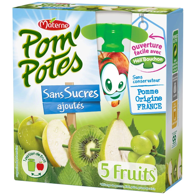 Frasco de 5 frutas verdes sin azúcar añadido 4x90g - POM' POTES