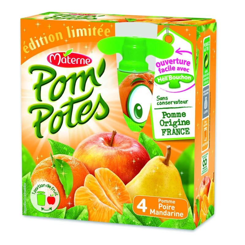 Pom'Potes pomme/poire/ manderine 4x90g - MATERNE