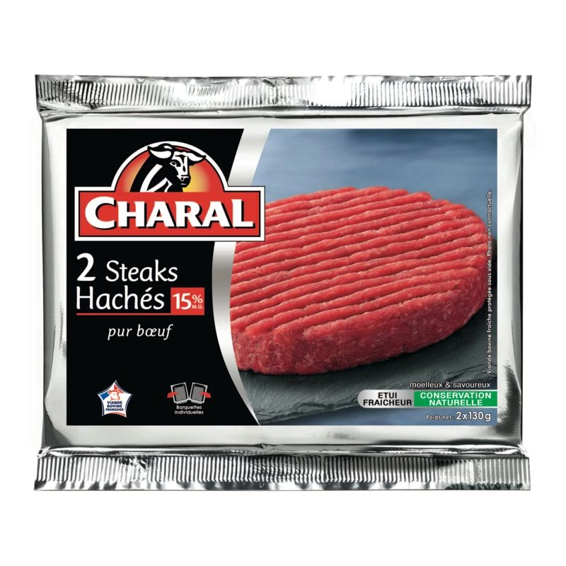 Steaks Hachés, 15%M.G 2x130g - CHARAL
