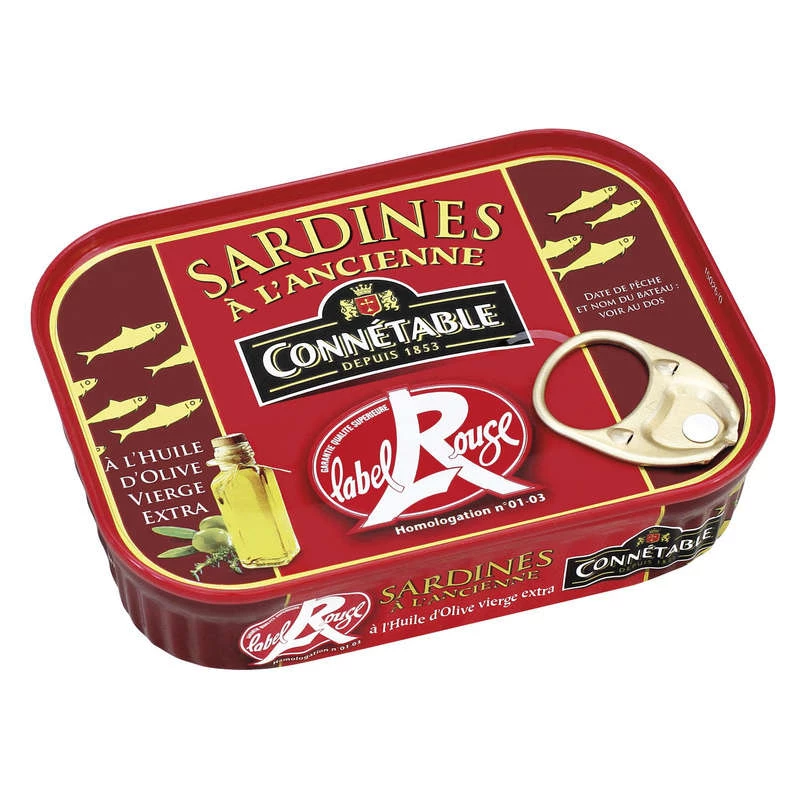 Sardines à l'Ancienne à l'Huile d'Olive Vierge Extra Label Rouge, 135g - CONNÉTABLE