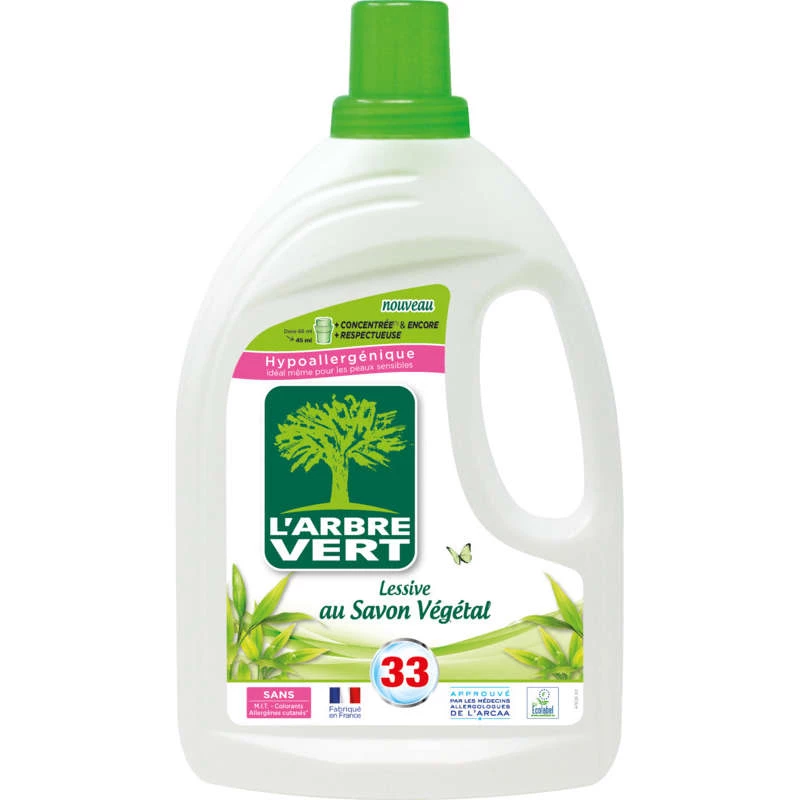 Lessive liquide 1,5l hypoallergénique au savon végétal - L'ARBRE VERT