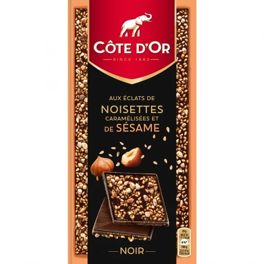 Barra de chocolate amargo com avelãs e gergelim 101g - COTE D'OR