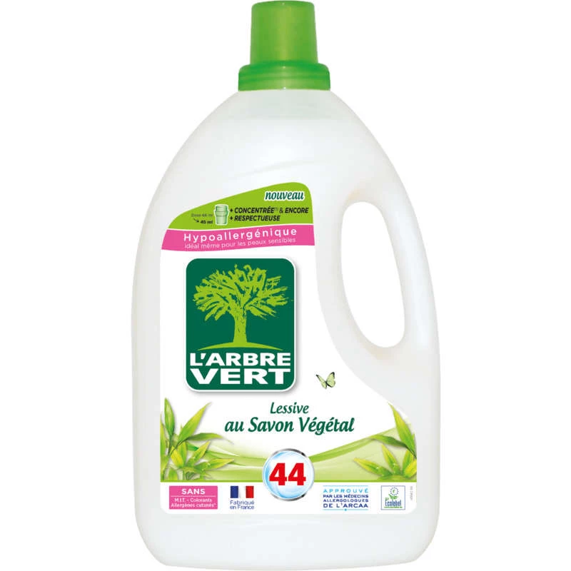 Lessive liquide 2L hypoallergénique au savon végétal - L'ARBRE VERT