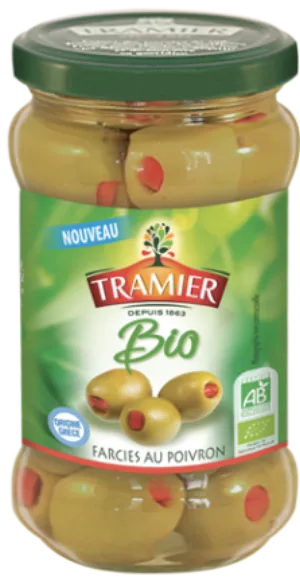 Olives vertes farcies au poivron BIO 150g - TRAMIER