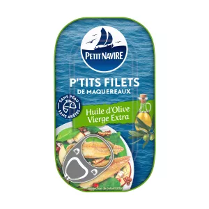 Maquereau  les P'tits Filets de Maquereaux à l'Huile d'Olive Vierge Extra, 90g  -  PETIT NAVIRE