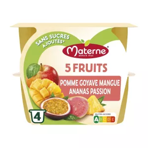 Compotas 5 frutas Apple Goyave Mango Paixão de abacaxi sem açúcar adicionado 4x100g - Materne