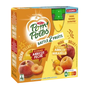 Compotes Battle2Fuits Pomme Abricot Pêche et Pomme Abricot Mirabelle