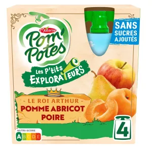 Compotes Les P'tits Explorateurs Le Roi Arthur Pomme Abricot Poire Sans Sucres Ajoutés 4x90g - Pom'potes