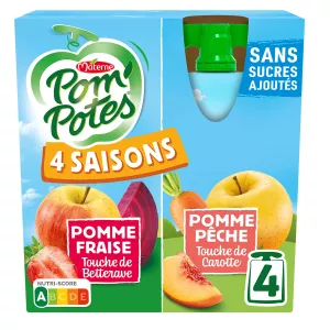 Compotas 4 Estaciones Manzana Fresa, Manzana Melocotón Sin Azúcares Añadidos 4x90g - Pom'potes