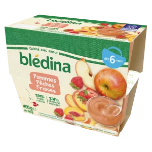 生後6か月の赤ちゃん用フルーツカップ、リンゴ、桃、イチゴ 100g×4個 - BLEDINA