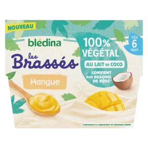 Les Brassés Postre de verduras para bebés a partir de 6 meses batido de leche de coco mango 4x95g - BLEDINA