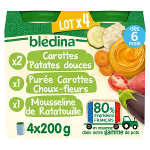 Jarra de bebê pequena de 6 meses de batata doce, cenouras de cenouras e ruslin 4x200g de ratatouille - BLEDINA