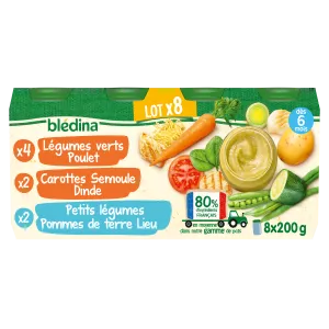 Pentolino piccolo dai 6 mesi verdure verdi pollo, carote semolino tacchino e verdure patate posto 8x200g - BLEDINA