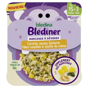 Món ăn tối cho bé từ 15 tháng mì ống vỏ rau chân vịt cà rốt vàng và kem Blédiner 200g -BLEDINA