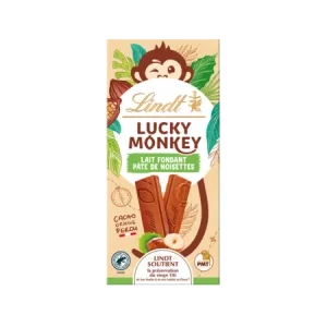 Barra de Chocolate ao Leite Derretido Lucky Monkey com Pasta de Avelã 100g - LINDT