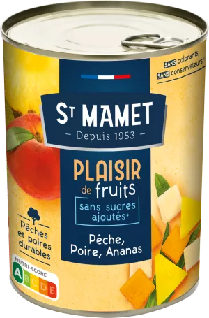Fruit in perzik, peer en ananassiroop zonder toegevoegde suikers 412g - ST MAMET