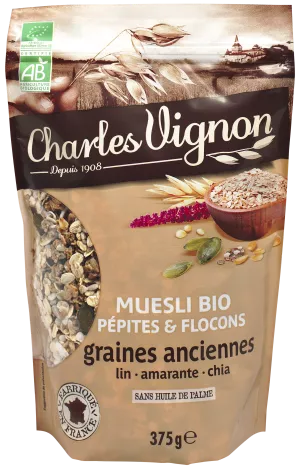 Ngũ cốc Muesli cốm và mảnh hạt cổ hữu cơ 375g - Charles Vignon