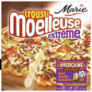 Pizza de carne, queso cheddar, encurtidos, salsa de hamburguesas - MARIE