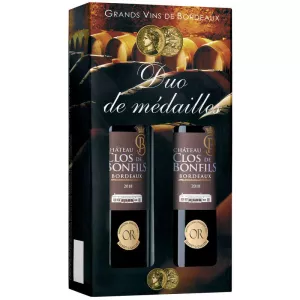 Caja Burdeos Medalla Château Clos De Bonfils rojo 2x75c