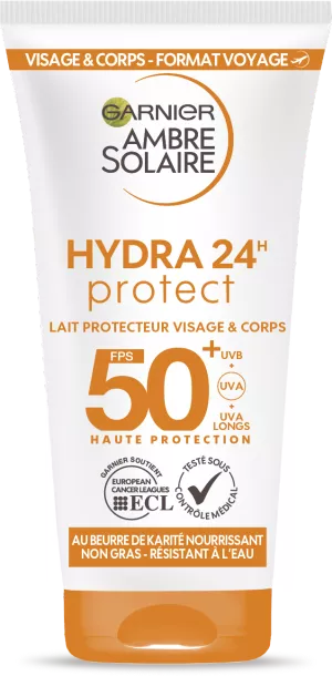 Hydra 24H leche solar protectora SPF 50+ rostro y cuerpo 50ml - GARNIER