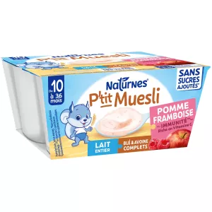 Muesli bébé pomme framboise sans sucres ajoutés dès 10 mois, 4 pots - NATURNES