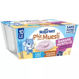 Muesli infantil de plátano y arándanos con leche entera desde los 10 meses, 4 tarritos - NATURNES