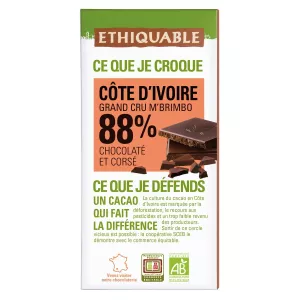 Jedwali la Chokoleti ya giza 88% Cocoa Organic Ivory Coast 100g - ETHIQUABLE