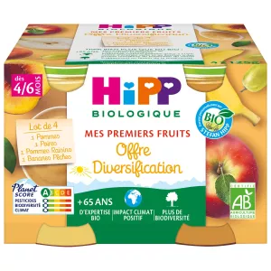 Compote bébé dès 4-6 mois offre diversification pomme poire banane pêche raisin Bio 4x125g - HIPP BIOLOGIQUE