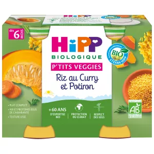 Sufuria ndogo za watoto kutoka mchele wa miezi 6 na curry ya kikaboni na malenge, mitungi 2 ya kiboko cha kikaboni cha 190g - HIPP BIOLOGIQUE