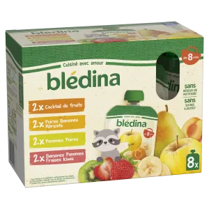 Compota bebê para beber a partir dos 8 meses coquetel de frutas, peras banana damascos, maçãs peras e bananas maçãs morangos kiwis 8x90g - BLEDINA