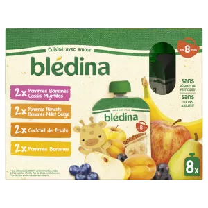 8 महीने के बच्चे को पीने के लिए कॉम्पोट सेब केले ब्लैककरेंट ब्लूबेरी, सेब खुबानी केले बाजरा राई, फलों का कॉकटेल और सेब केले 8x90 ग्राम - ब्लेडिना