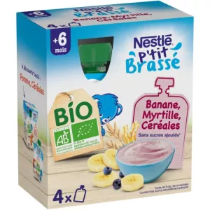 Gourdes banane/ myrtille/ céréales BIO dès 6mois 4x90g - NESTLE
