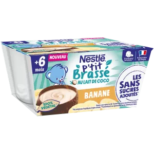 P'tit Brassé Dessert voor baby's vanaf 6 maanden, met kokosmelk Banaan 4x90g - NESTLE