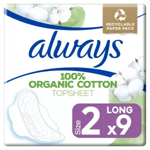 Maandverband met superieure voile vleugels 100% biologisch katoen lang, maat 2x9 - ALWAYS