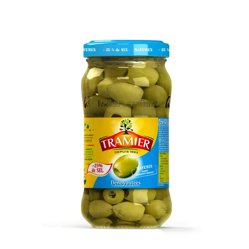 Olives Vertes Dénoyautées Sel Réduit, 160g - TRAMIER