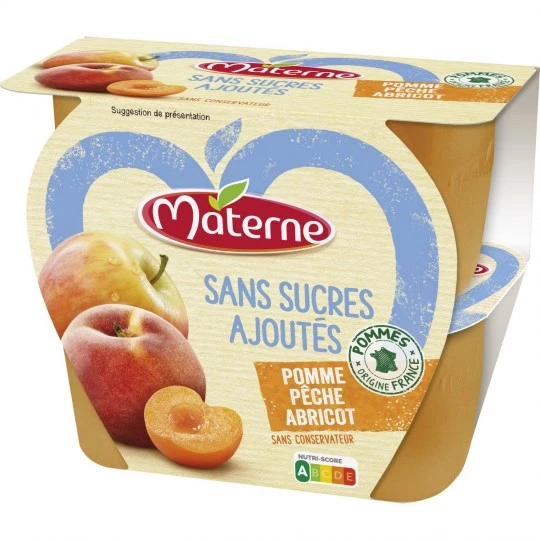 Compotas de manzana, melocotón y albaricoque sin azúcares añadidos 4x97g - MATERNE