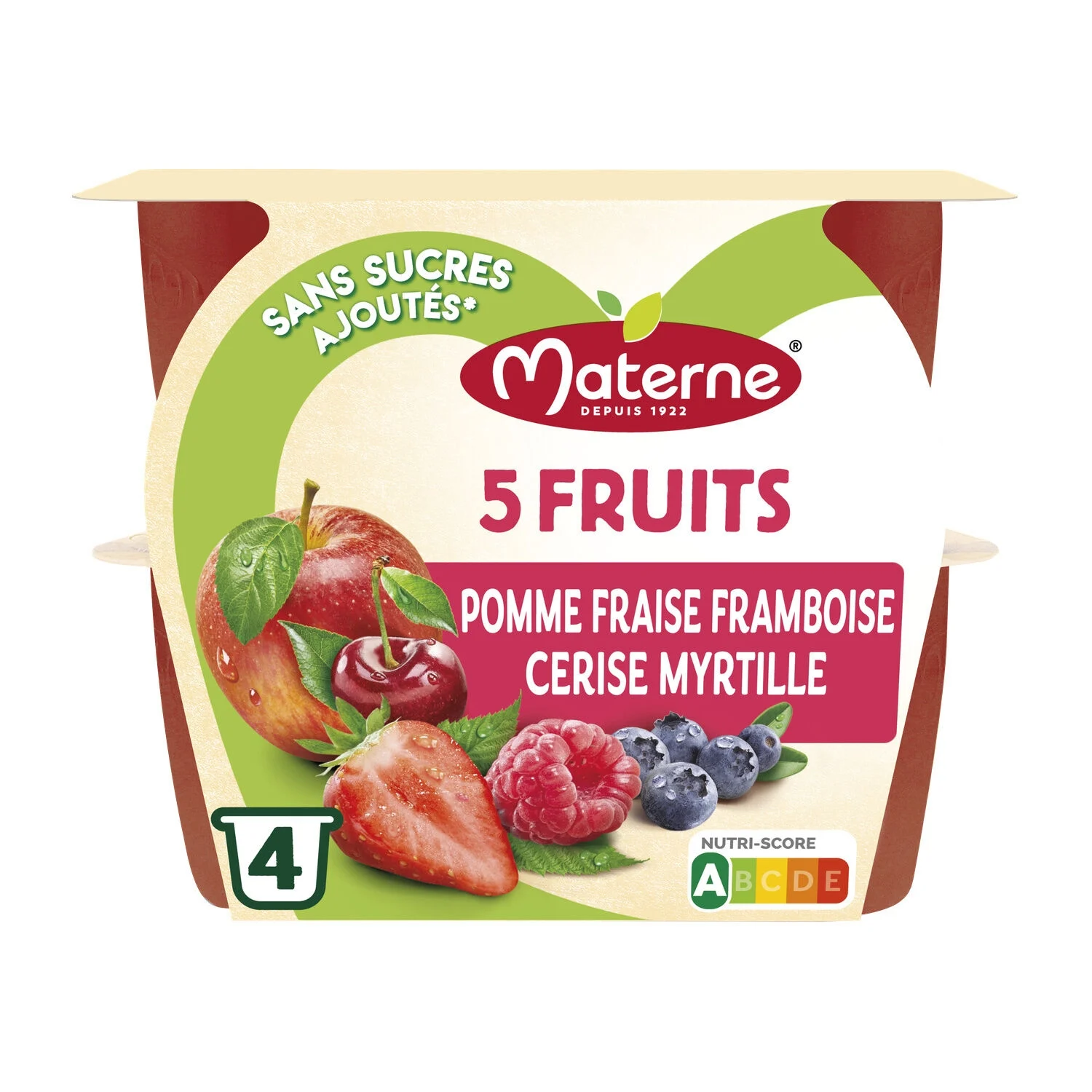 Compotes 5 Fruits Apple Framboise Cherry Bilberry without sugar added 100g - Materne