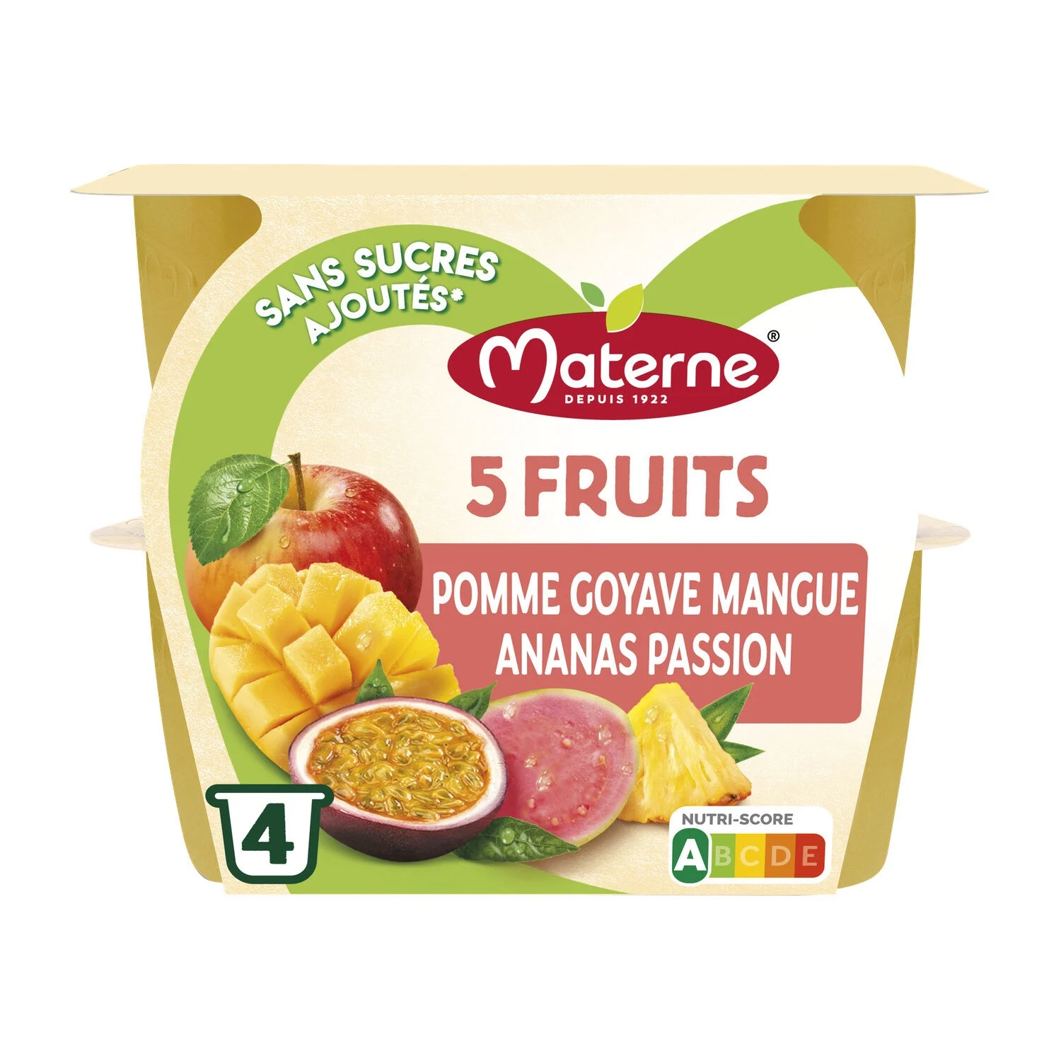 Compotes 5 Fruits Apple Goyave Mango Pineapple Passion without sugar added 4x100g - Materne