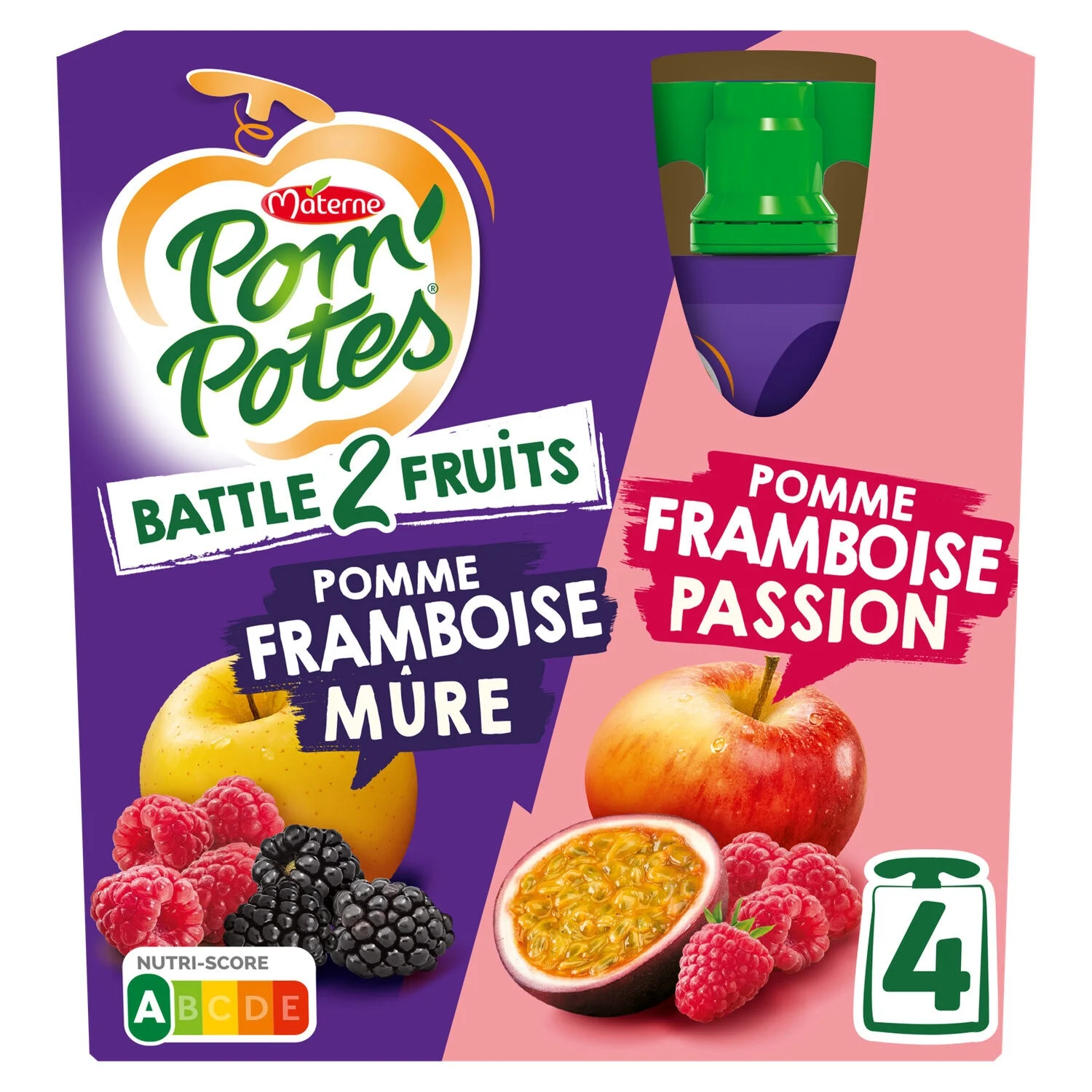 Battle2Fruits Compotes Apple Raspberry Passion Fruit, Apple Raspberry Ripe 4x90g - POM' POTES