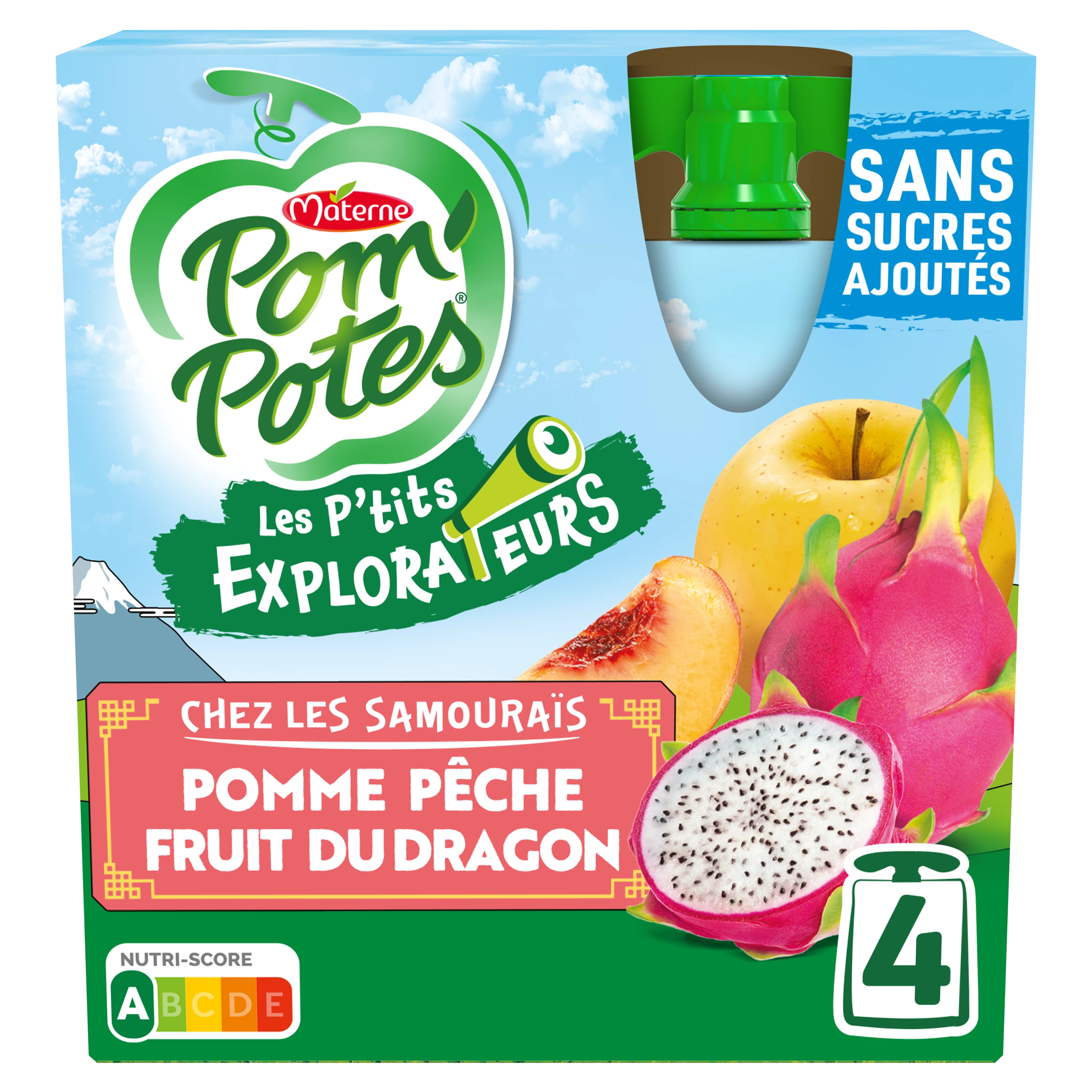 Compotes Les P'tits Explorateurs Pomme Pêche Fruit du Dragon 4x90g - POM' POTES
