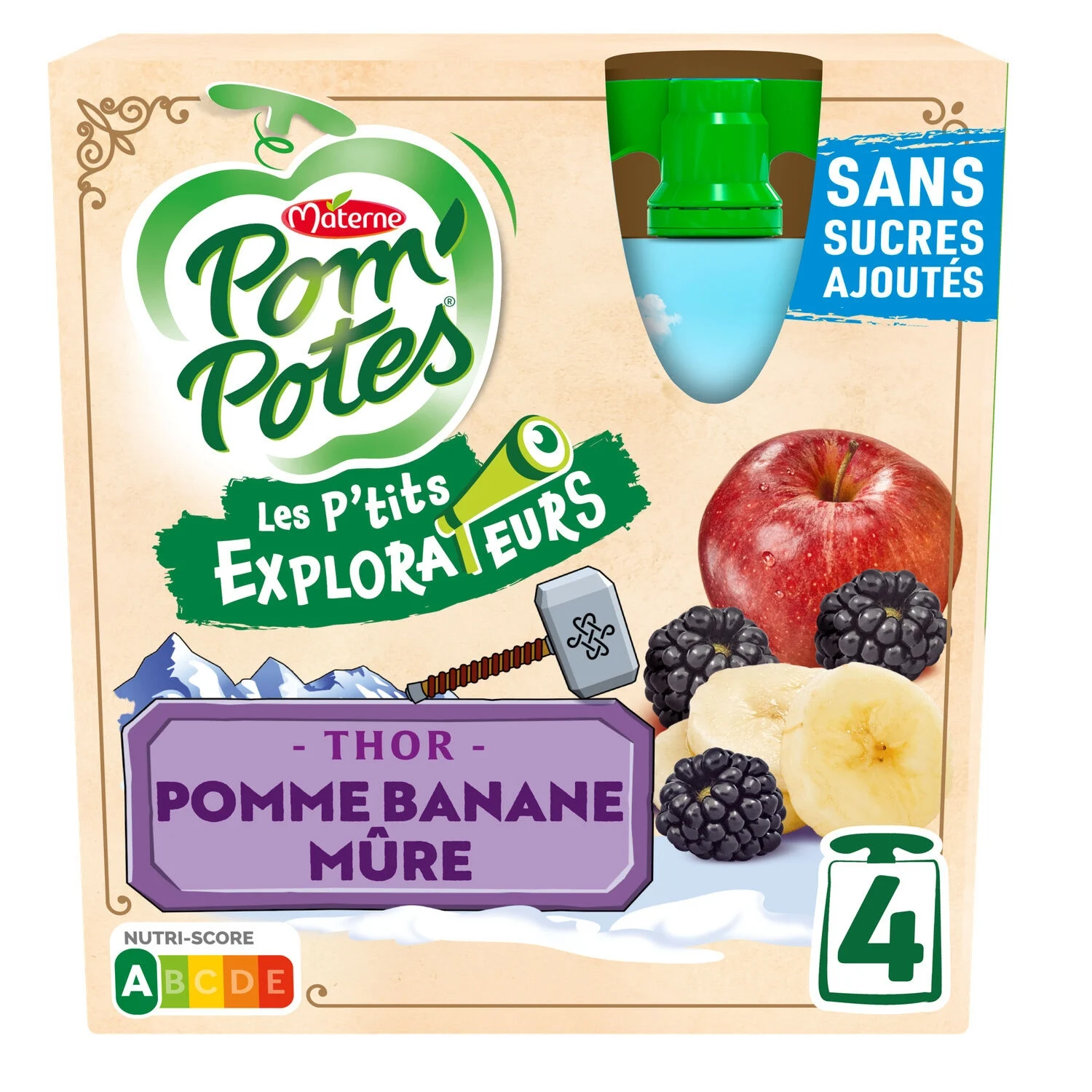 Compotes Les P'tits Explorateurs Thor Apple Banana Ripe No Added Sugars 4x90g - Pom'potes