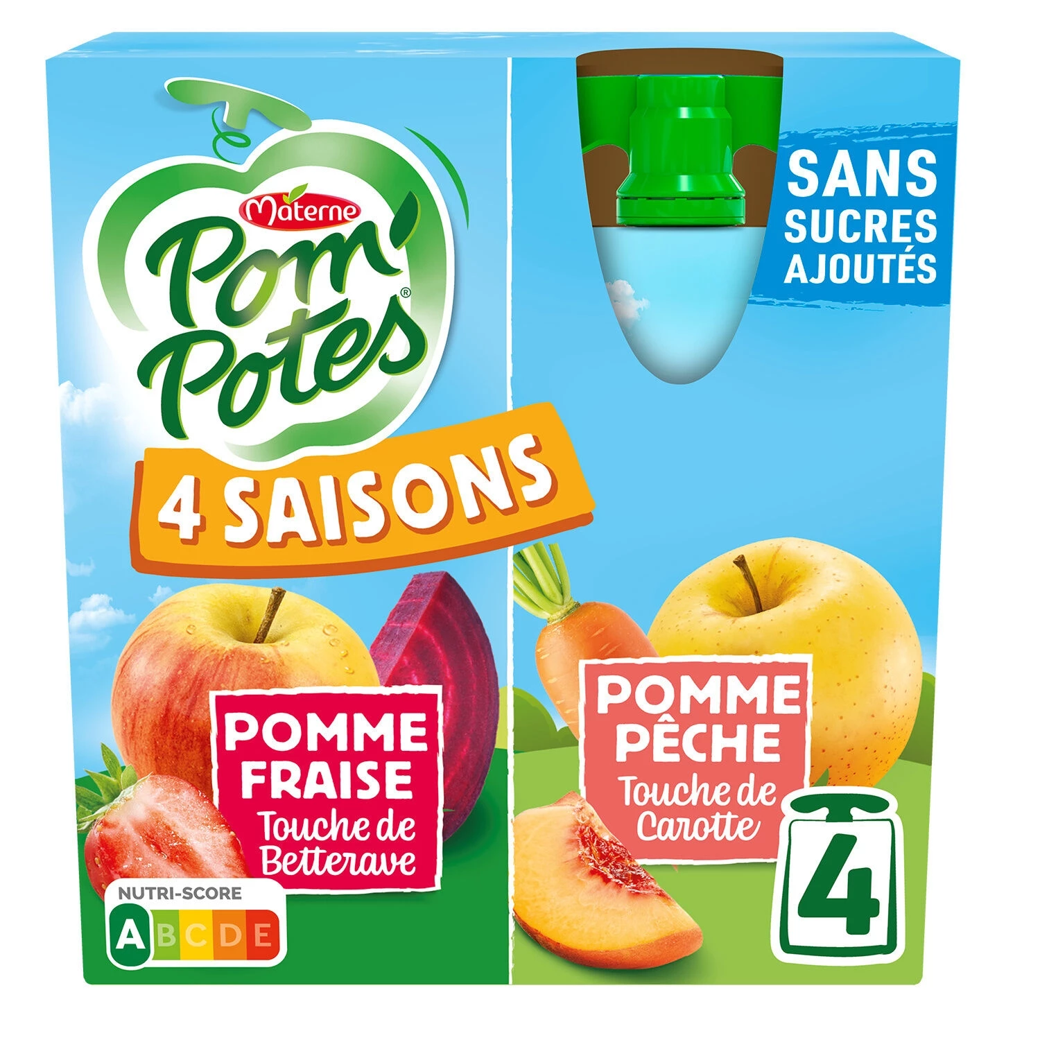 4 Seasons Apple Strawberry, Apple Peach Compotes No Added Sugars 4x90g - Pom'potes