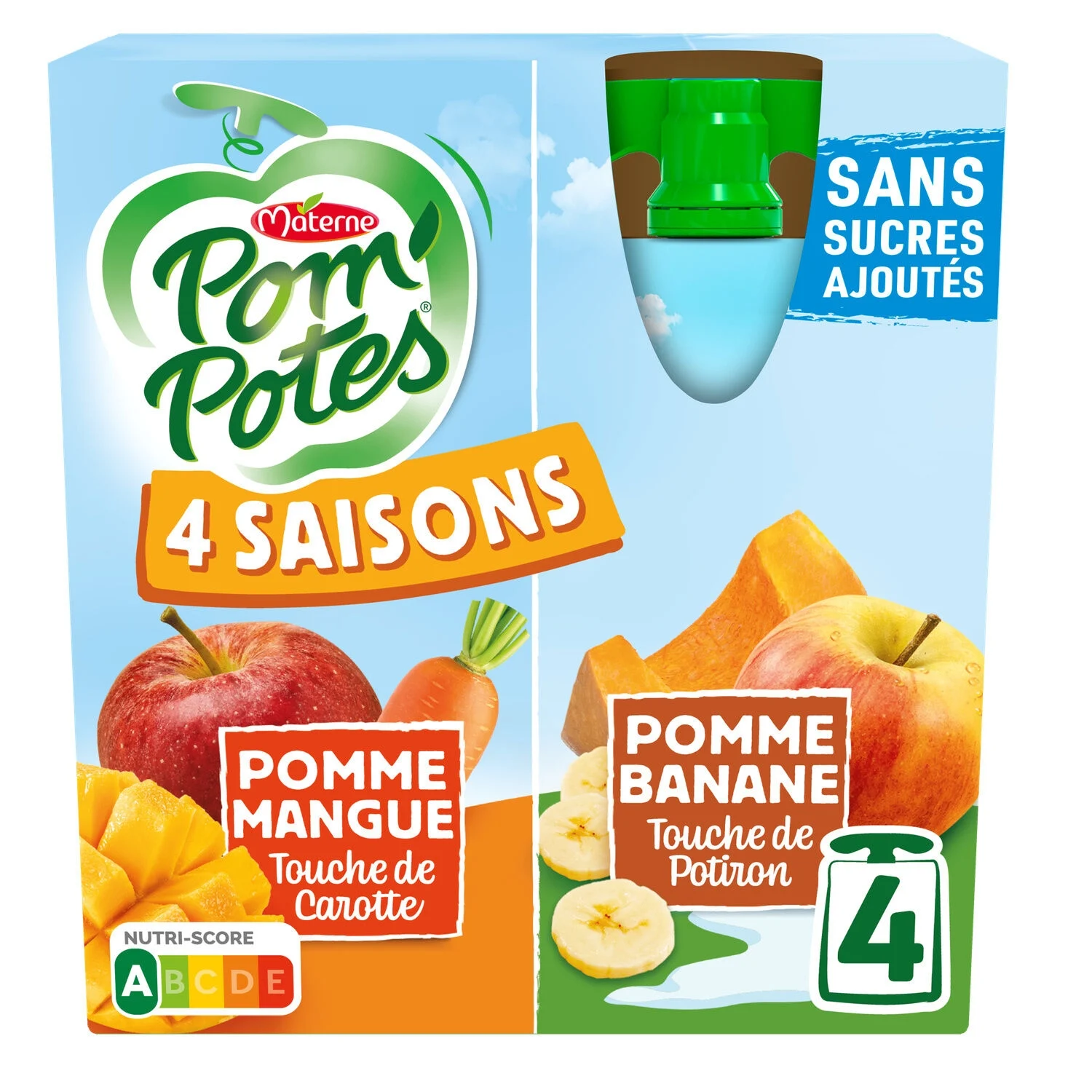 4 Seasons Apple Mango, Apple Banana Compotes No Added Sugars 4x90g - Pom'potes